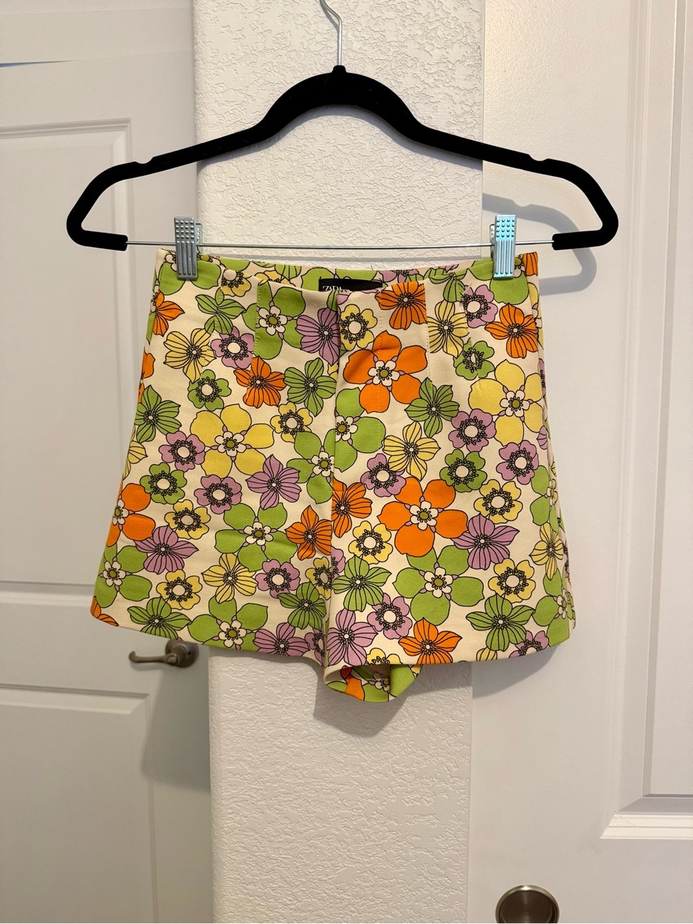 Zara Floral High-Rise Shorts — Orange, Green & Pink